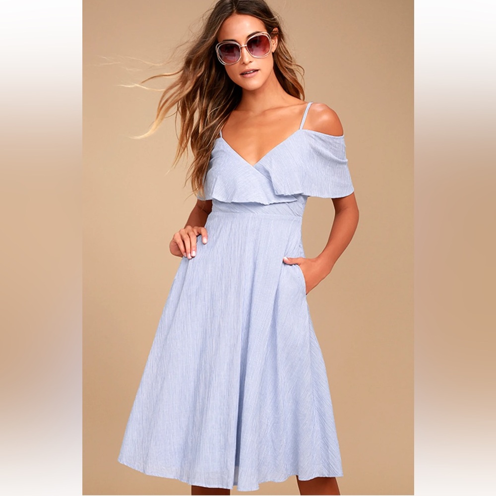 NWT: Lulu’s Yacht Rock Blue and White Striped Off-the-Shoulder Midi Dress-Size L